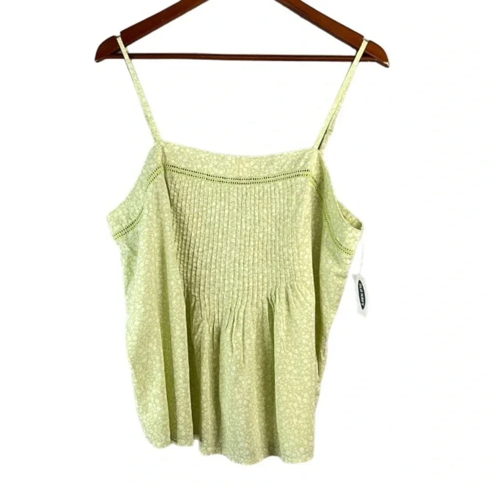 OLD NAVY NWT Lemon Lime Ditsy Floral Tank Top Ladder Lace Pleated Adj Strap L - Picture 2 of 13